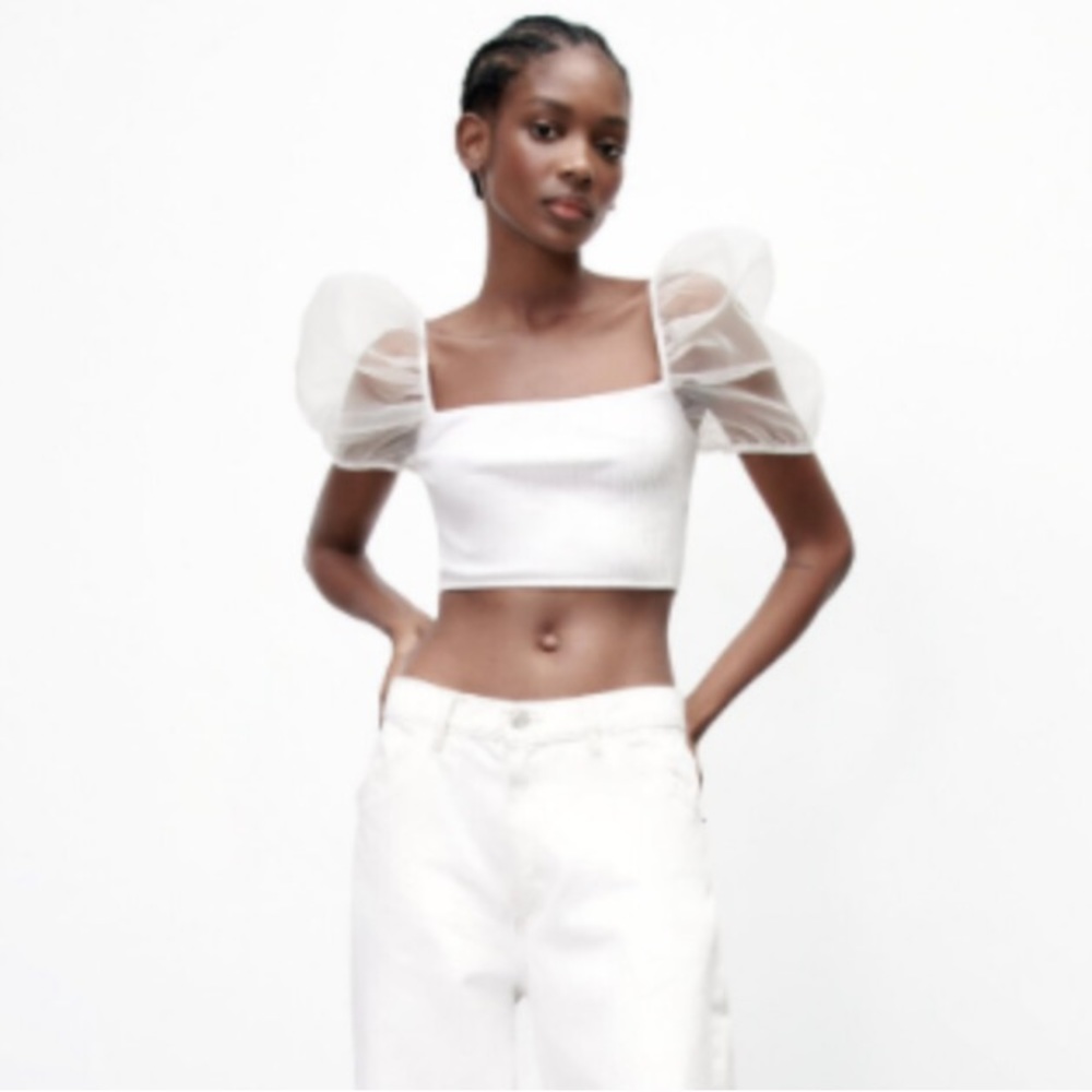 Zara white crop top puff sleeve